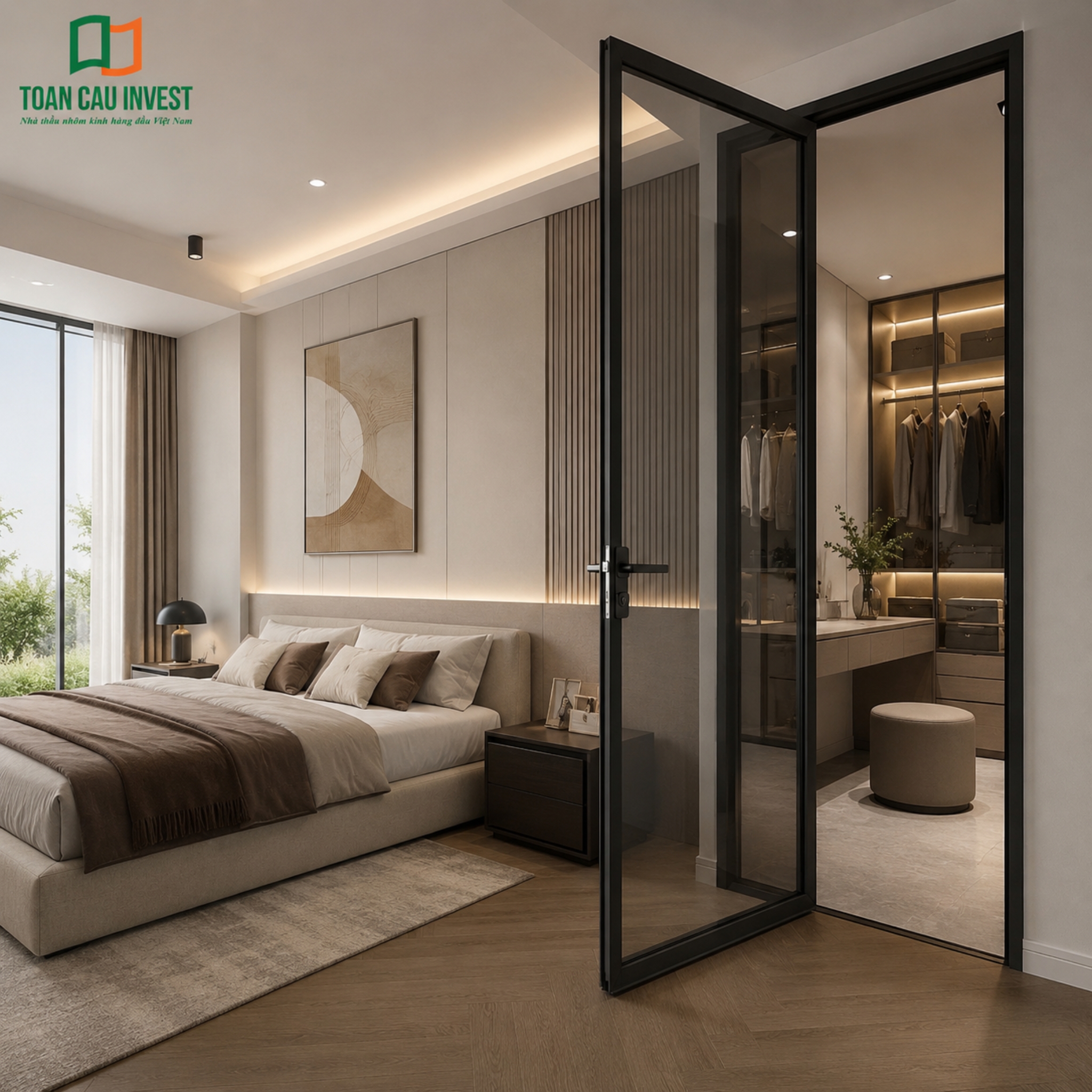 Mẫu cửa nhôm kính phòng ngủ 1 cánh sang trọng