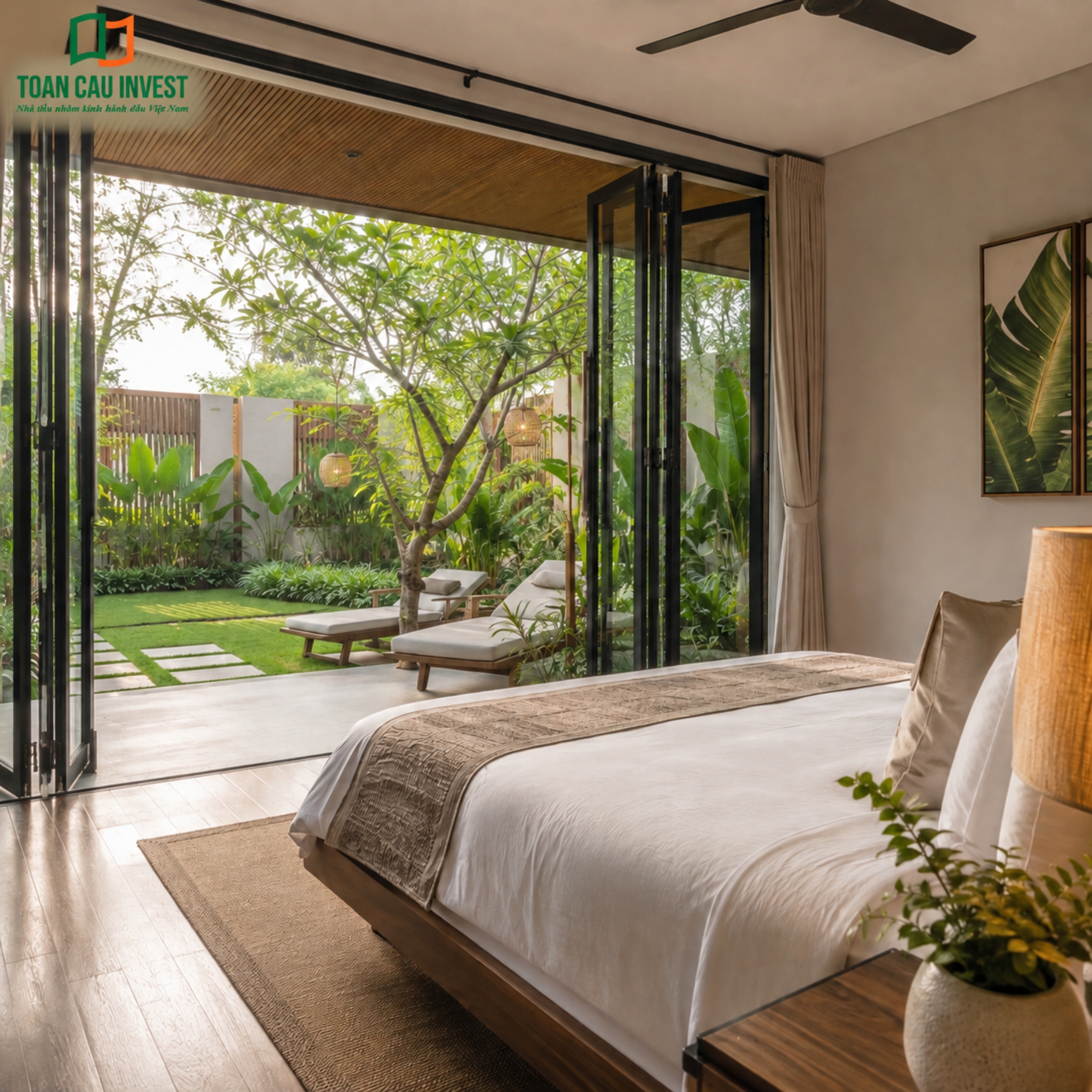 Cửa nhôm kính phòng ngủ resort hướng sân vườn