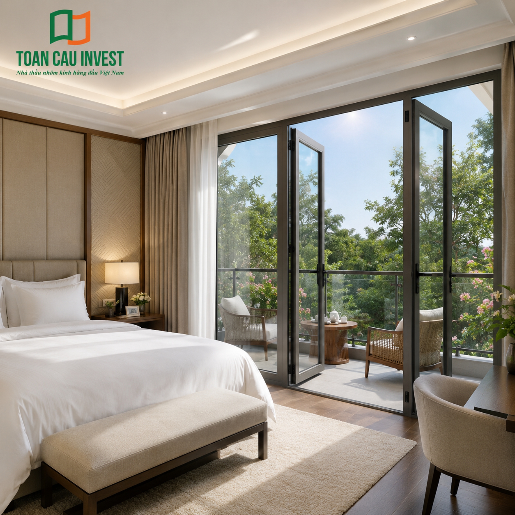 Mẫu cửa nhôm kính phòng ngủ resort sang trọng