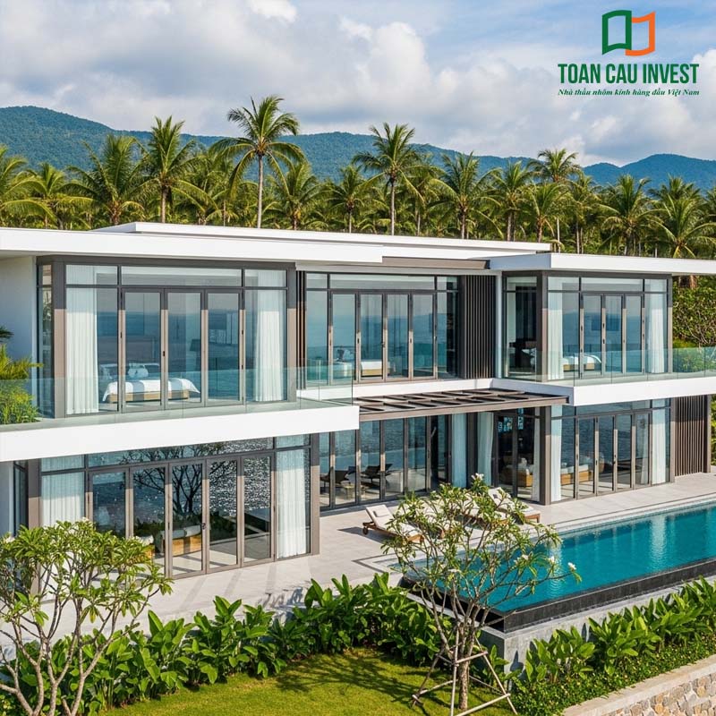 Biệt thự nghỉ dưỡng bên biển ứng dụng hệ cửa nhôm kính mở trượt, kháng muối, chịu gió bão - giải pháp tối ưu cho vùng biển.