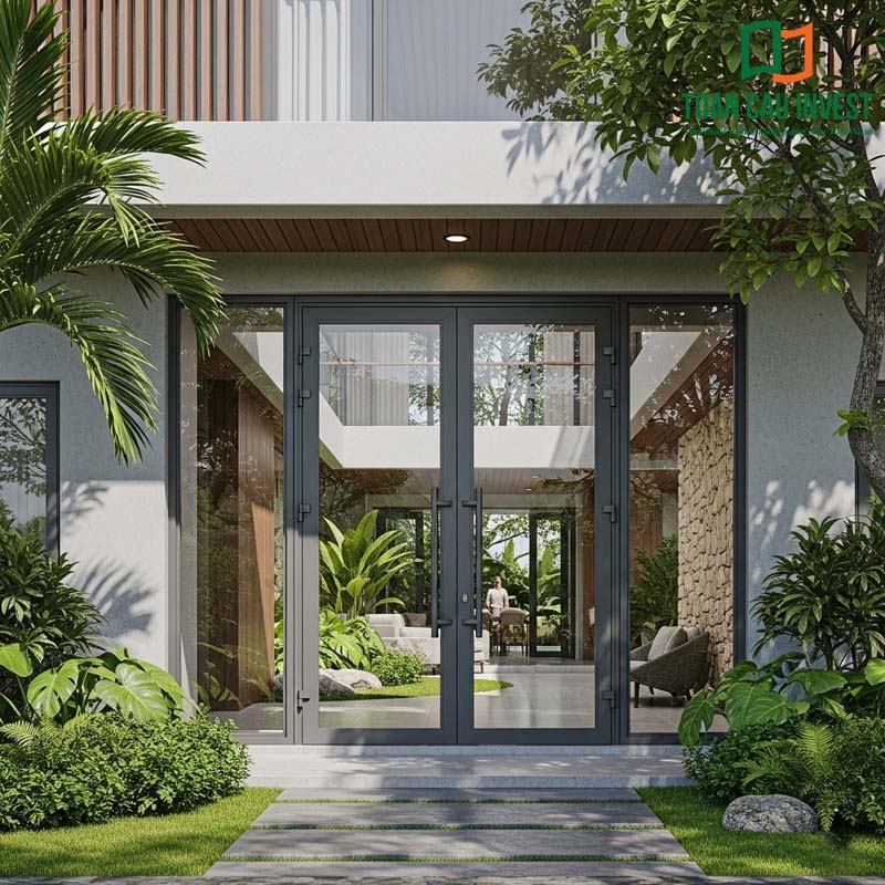 Cửa 2 cánh mở nhôm kính cho nhà biệt thự