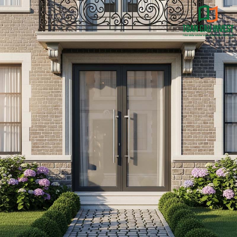 Cửa nhôm kính 2 cánh góp phần hoàn thiện tổng thể mặt tiền kiến trúc hiện đại, sang trọng và tinh tế.