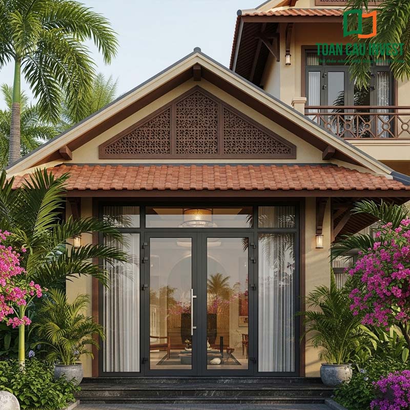 Cửa nhôm kính 2 cánh thiết kế khung mảnh, kính rộng, mở ra không gian sân vườn biệt thự đầy sang trọng và thoáng đãng.