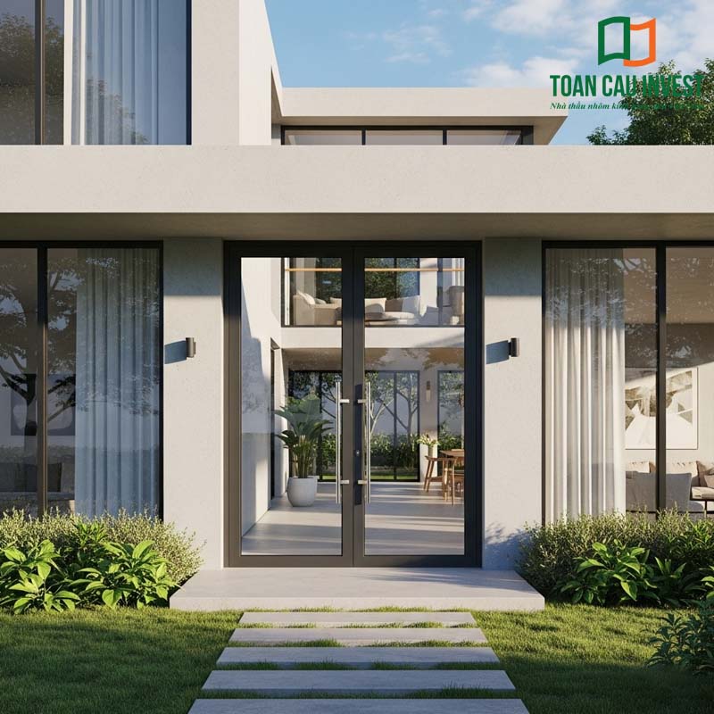 Cửa nhôm kính 2 cánh mở đẹp cho không gian villa thêm phần sang trọng, tinh tế