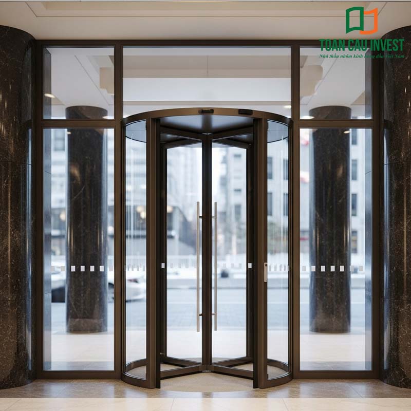 An automatic swing aluminum glass door system installed at the lobby of an office building, featuring a sleek black aluminum frame and tempered glass panels. The design delivers a refined aesthetic well-suited for premium commercial projects.