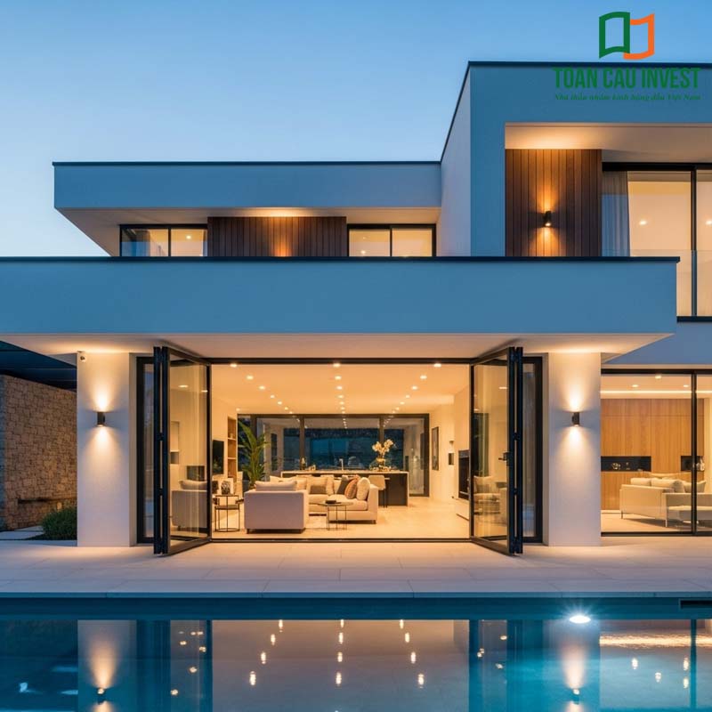  Modern 4-panel aluminum glass doors – sleek aluminum frames that maximize views and natural light, even at night.