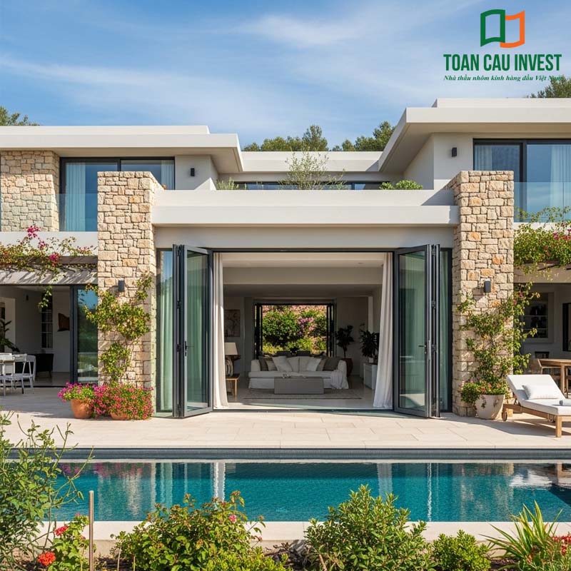 4-panel folding aluminum glass doors – creating a seamless connection between interior spaces and luxury villa gardens.
