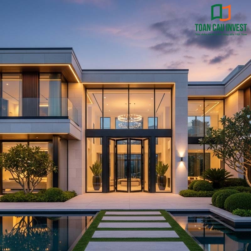 Modern villas use 4-panel aluminum glass doors combined with large glass walls, offering optimal natural light and a refined, luxurious aesthetic.