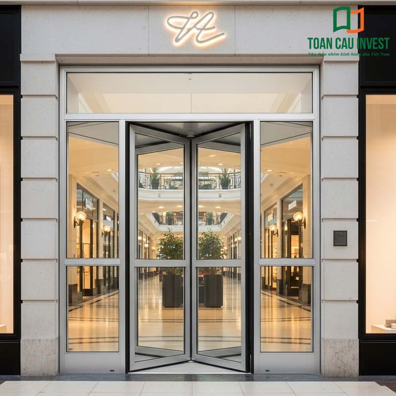 4-panel aluminum glass doors for commercial facades – modern design with flexible operation, ideal for high-traffic areas.