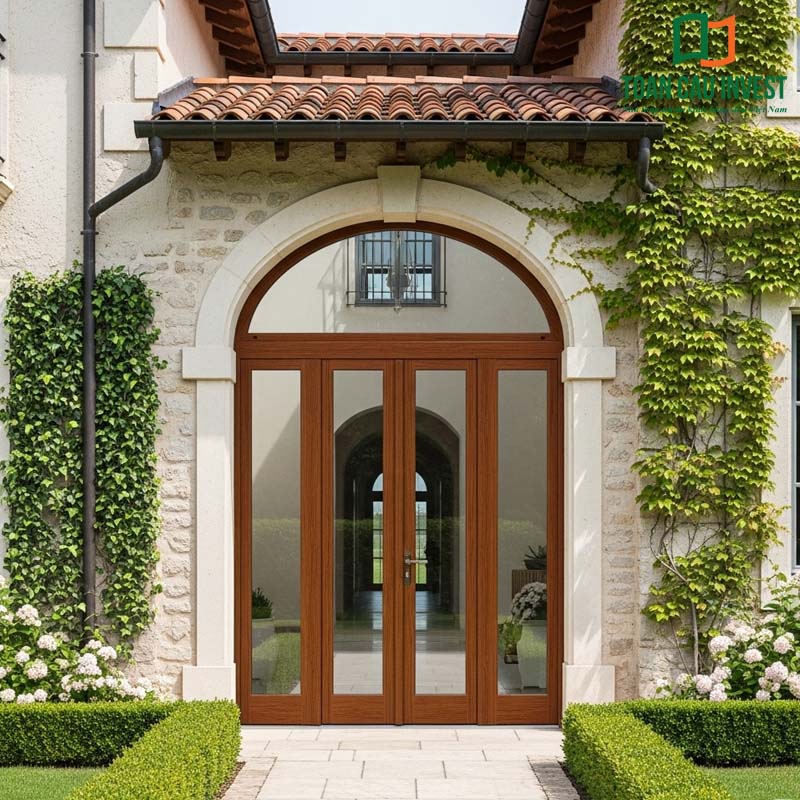4-panel aluminum glass doors combined with stone arches – a touch of elegant European architecture, perfect for classical-style villas.