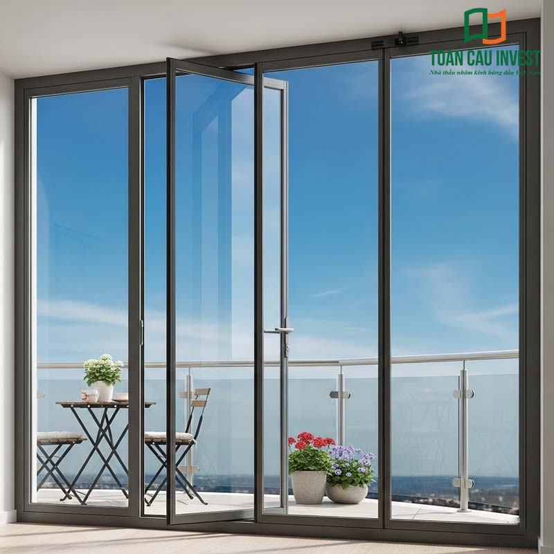 4-panel swing-opening balcony aluminum glass door with a modern design, installed on a condo balcony featuring an open view and a safe glass railing.