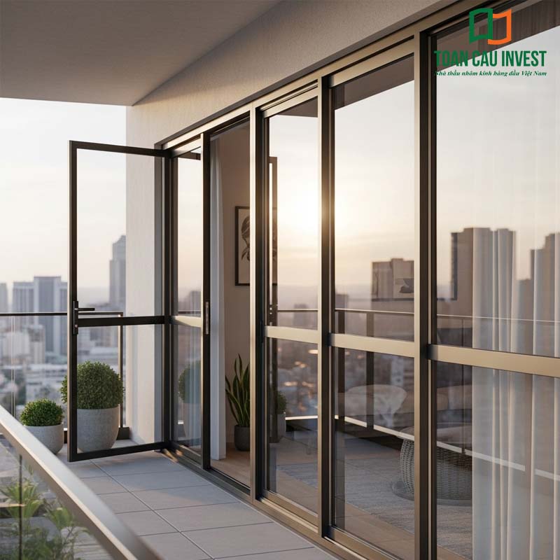 Balcony aluminum glass door with a combined swing-and-slide opening, featuring an elegant grey aluminum frame - ideal for modern high-rise apartments.