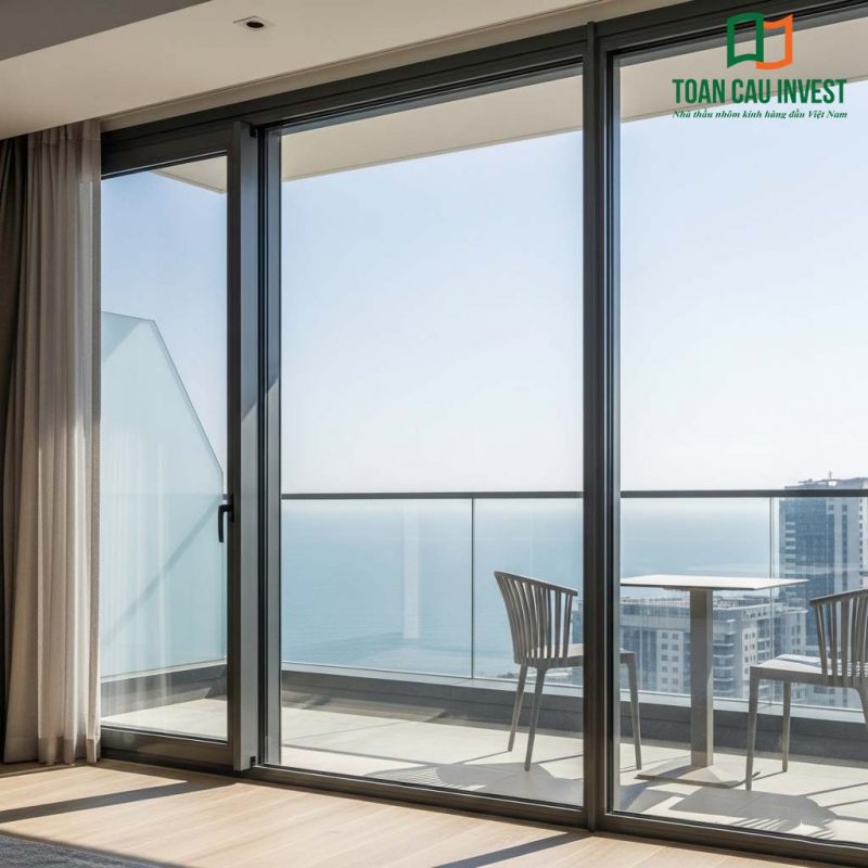 Large sliding aluminum glass balcony door with modern gray frame, expansive sea-facing view – an ideal choice for resort-style apartments.