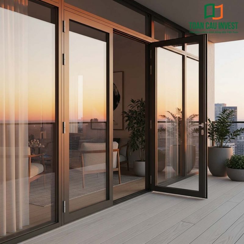 Balcony aluminum glass door with a coffee brown swing-open design, harmoniously paired with elegant interior décor and greenery, adding a refined focal point to the apartment.