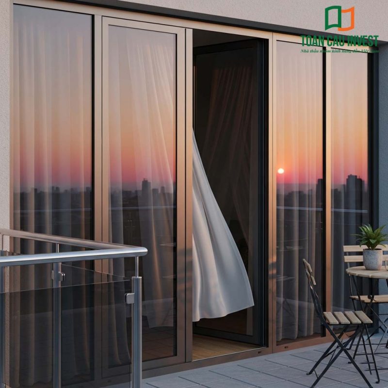 High-end champagne-colored aluminum glass balcony door, designed for airtight sealing, paired with soft curtains and a relaxing balcony table and chair set.