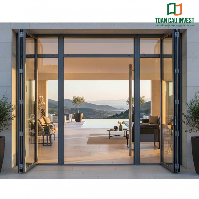 Cửa nhôm kính cách nhiệt mở xếp trượt, giải pháp linh hoạt cho không gian sống kết nối với thiên nhiên và hồ bơi ngoài trời