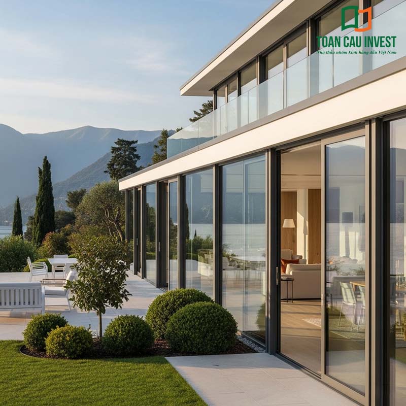 Cửa nhôm kính cách nhiệt lùa panorama đồng bộ với hệ lan can kính, mang đến vẻ đẹp tinh tế và hiệu quả tiết kiệm năng lượng cho biệt thự bên hồ