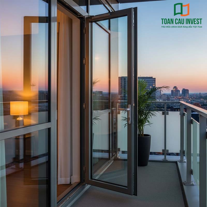 Balcony aluminum glass swing door with safety tempered glass, modern design ideal for apartments with sunset city views.