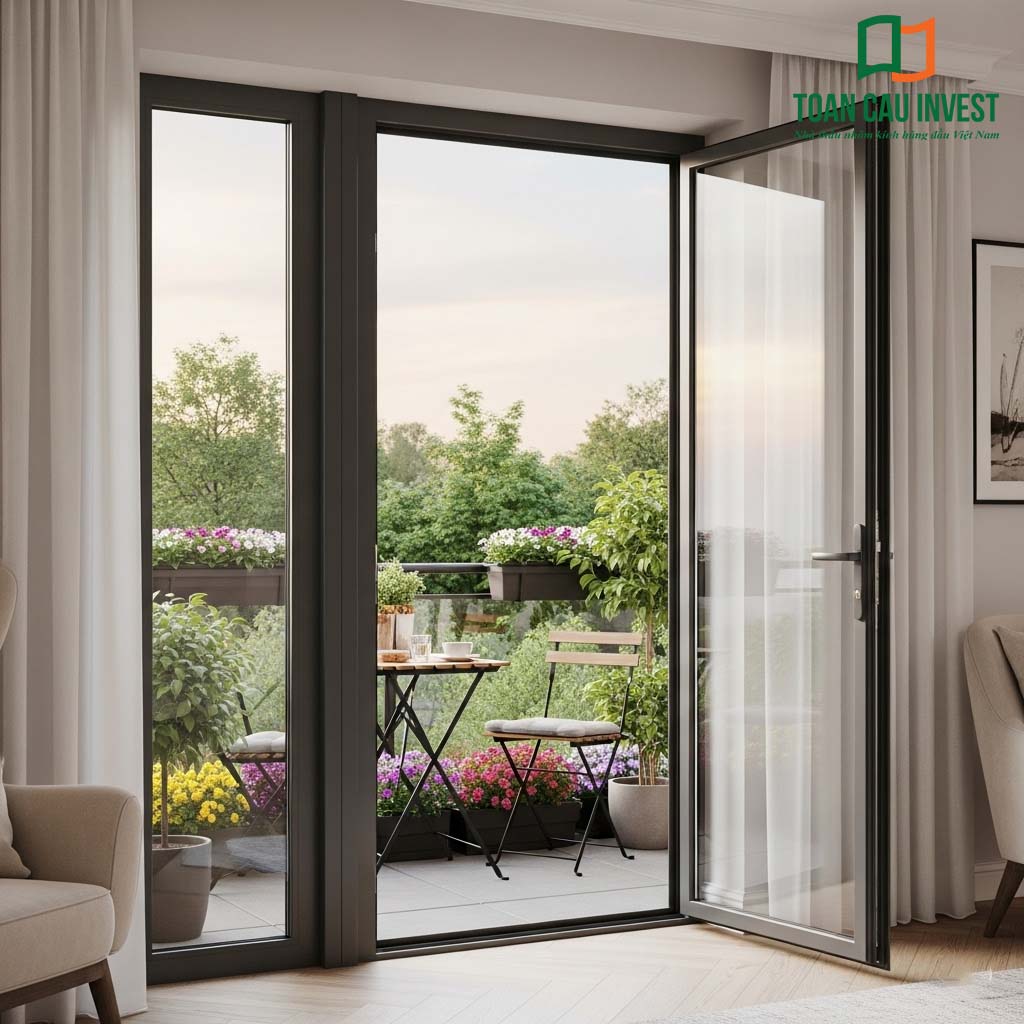 Two-panel swing aluminum glass balcony door overlooking a lush garden – perfect for townhouses or nature-inspired apartments.