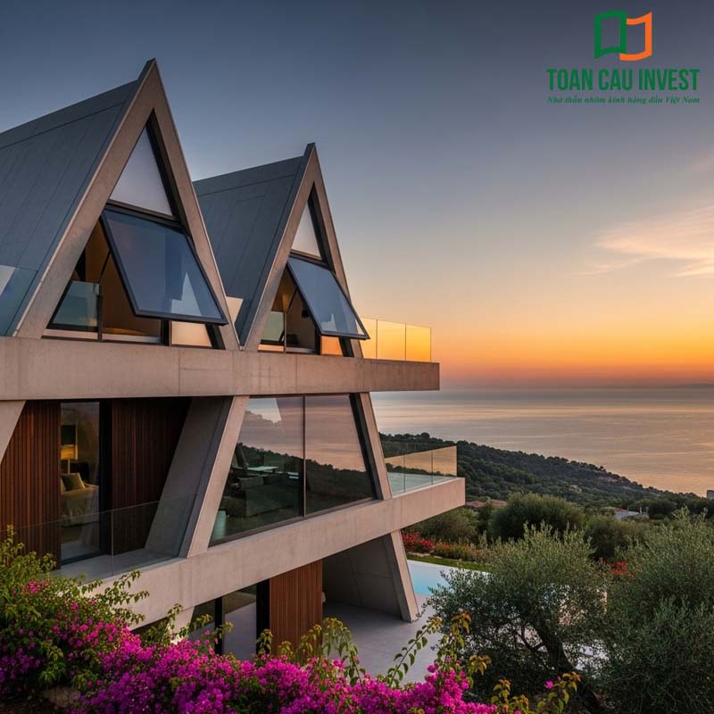 Cửa nhôm kính chữ A cho biệt thự nghỉ dưỡng view biển, thiết kế độc đáo với hình khối ấn tượng