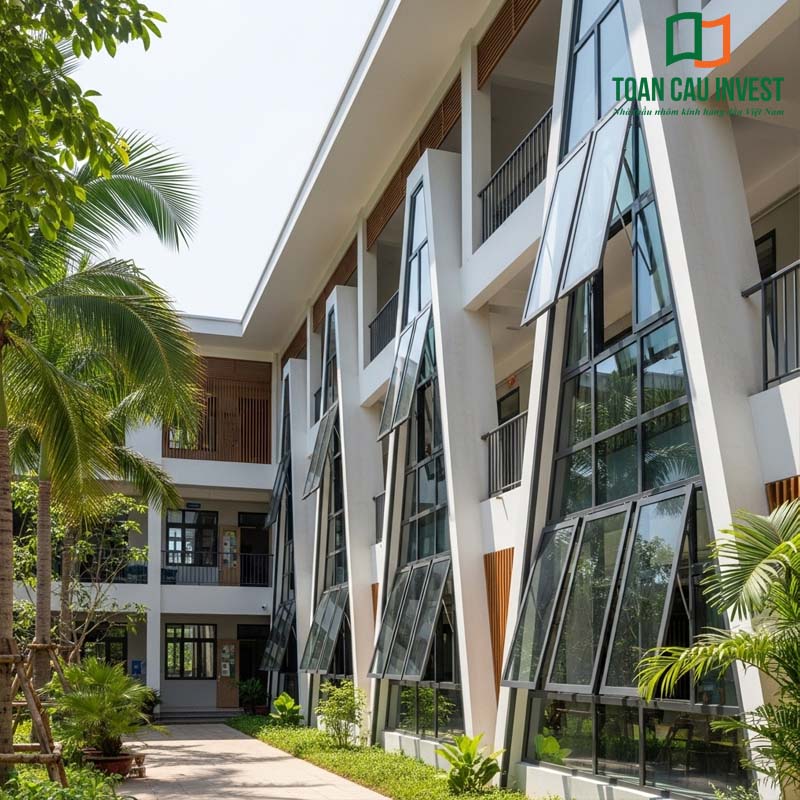 Cửa nhôm kính chữ A bền đẹp, mở hất ra ngoài, phù hợp với các công trình trường học