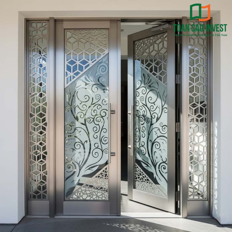 Cửa nhôm kính có hoa văn nghệ thuật sang trọng cho mặt tiền nhà phố - thiết kế hiện đại, độ bền cao