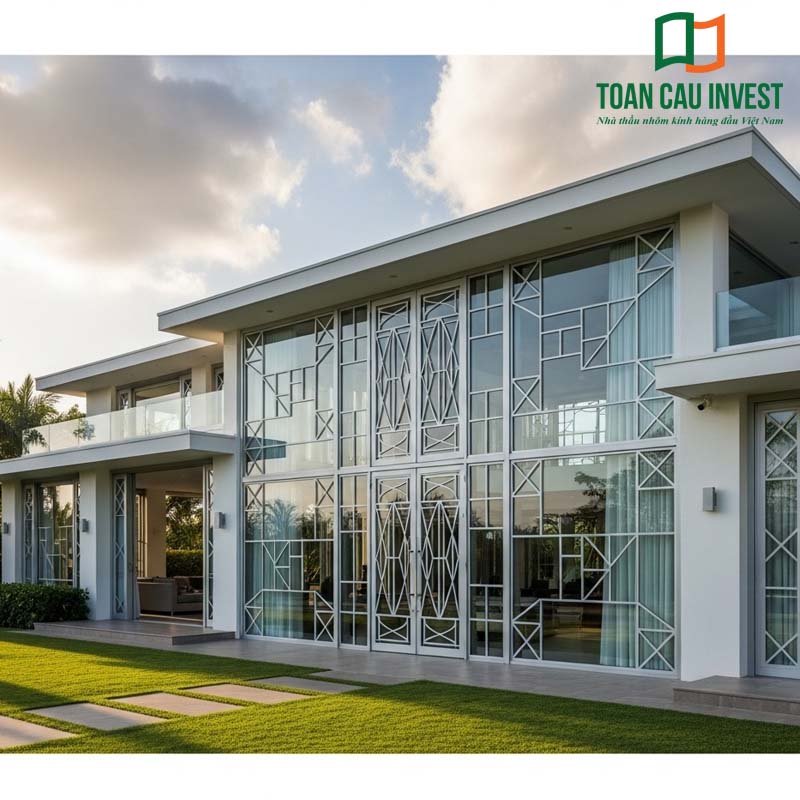 Cửa nhôm kính có hoa văn cho biết thự cao cấp