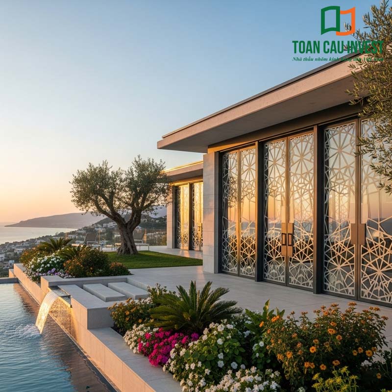 Cửa nhôm kính có hoa văn nghệ thuật, phù hợp biệt thự nghỉ dưỡng ven biển cao cấp