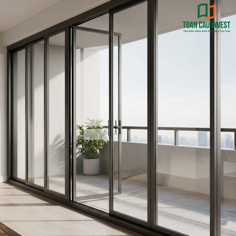 6-panel sliding balcony aluminum glass door with sleek black frame, designed to expand living space and maximize natural light.