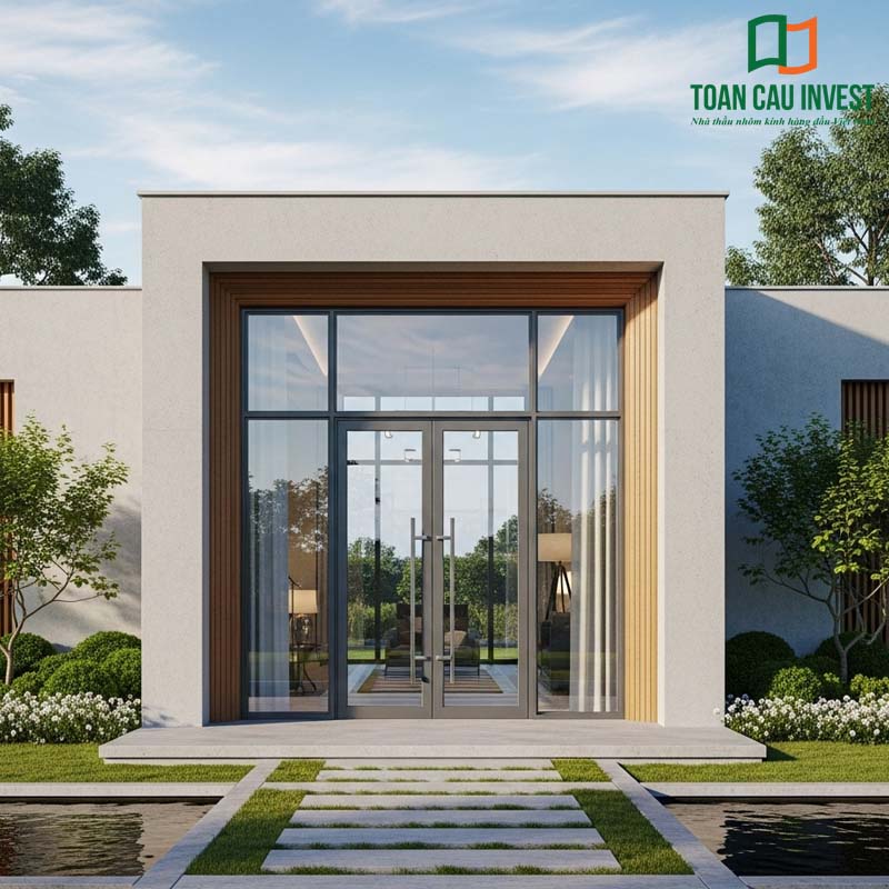 A double swing aluminum glass door with a symmetrical, modern design, paired with decorative wooden louvers and white walls. This composition creates a striking focal point for garden villas.