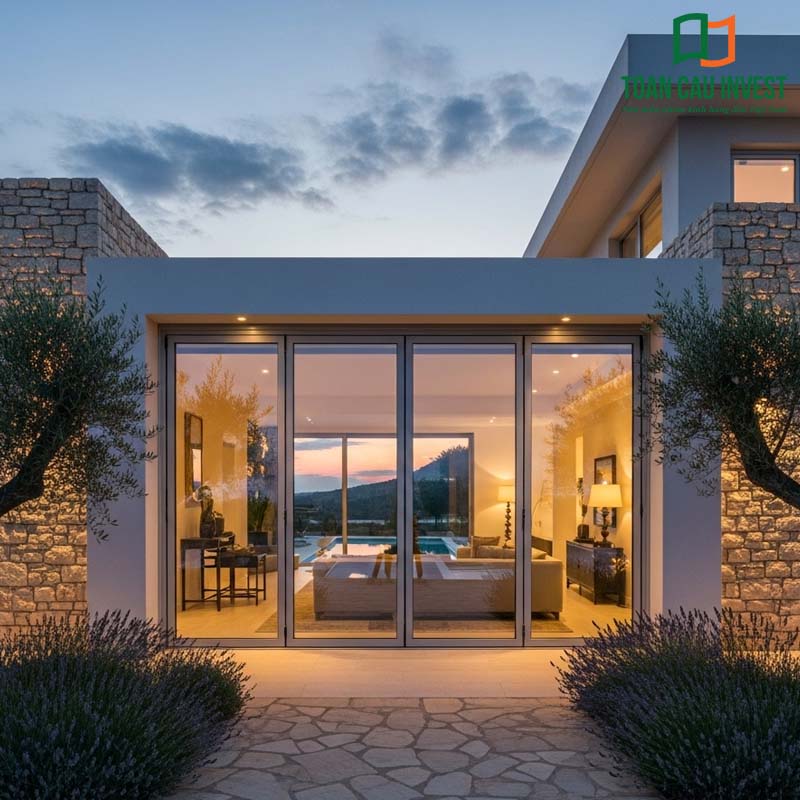 4-panel sliding aluminum glass doors maximize indoor-outdoor connection, ideal for European-style garden villas.