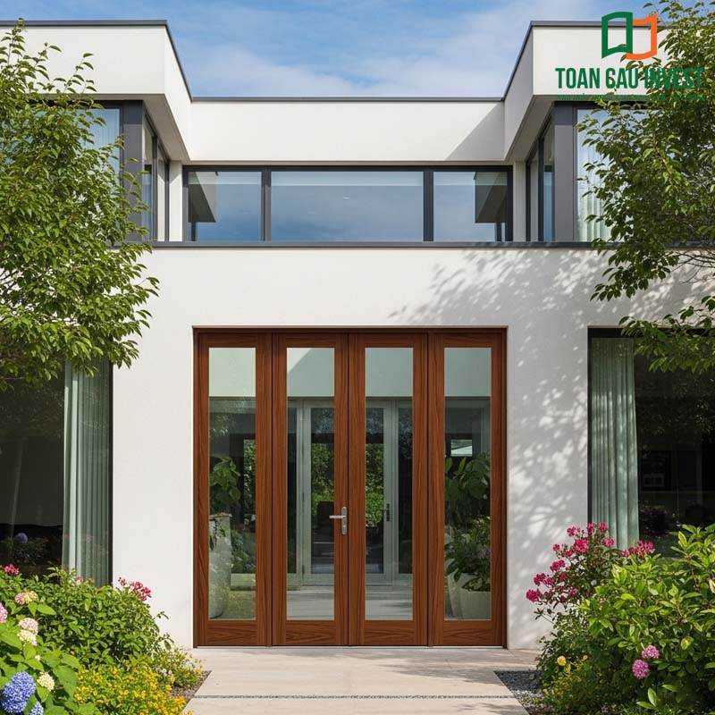 A 4-panel wood-grain aluminum glass door with a swing-opening design blends seamlessly with the refined white architecture and a garden filled with blooming flowers. The result is a warm, welcoming space that feels naturally connected to its surroundings.