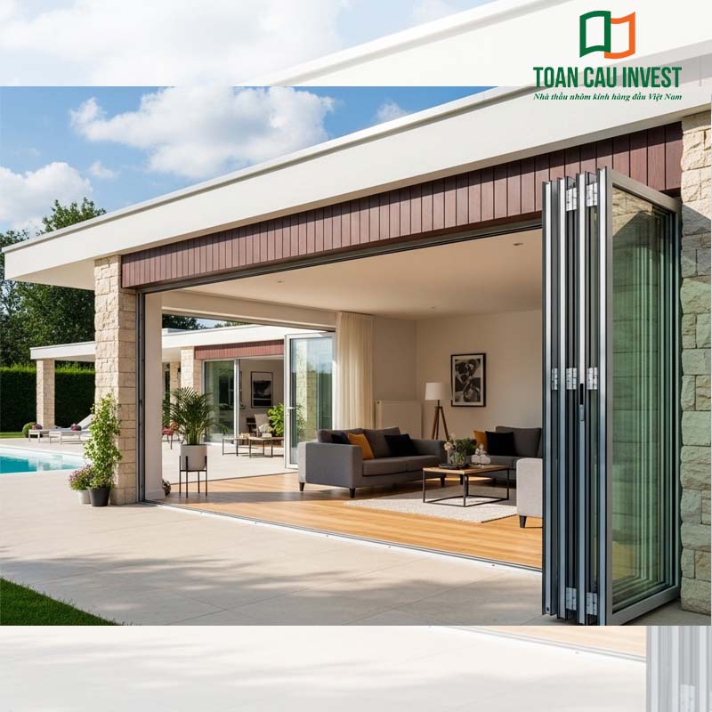 Cửa xếp trượt nhôm kính Toàn Cầu Invest – Tối ưu hóa không gian sống mở, kết nối liền mạch giữa nội thất và sân vườn.