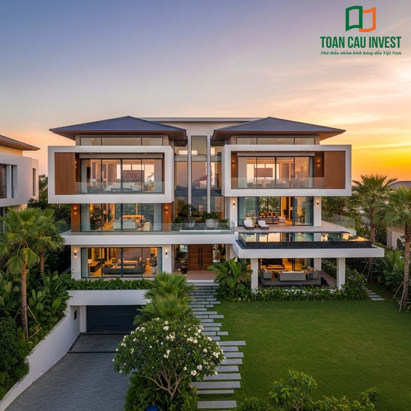 Cửa nhôm kính trong biệt thự 3 tầng, mang lại sự sang trọng, thông thoáng và hiệu suất cách âm vượt trội.