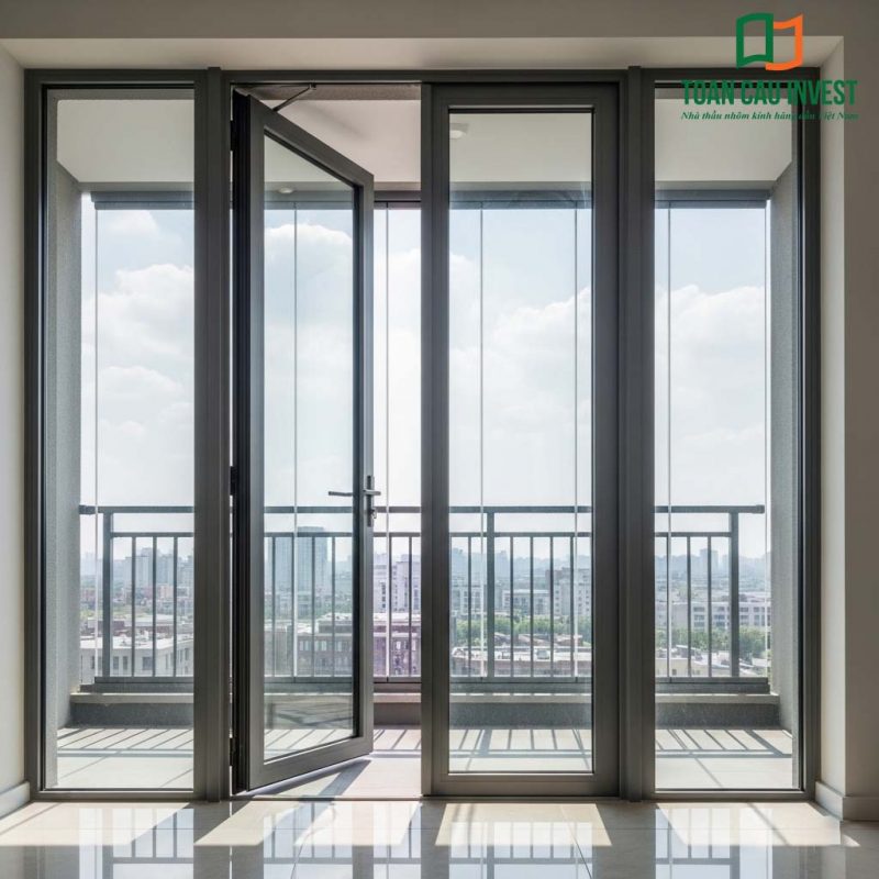 Three-panel swing aluminum glass balcony door with silver-gray frame – ideal for high-rise apartment installations.