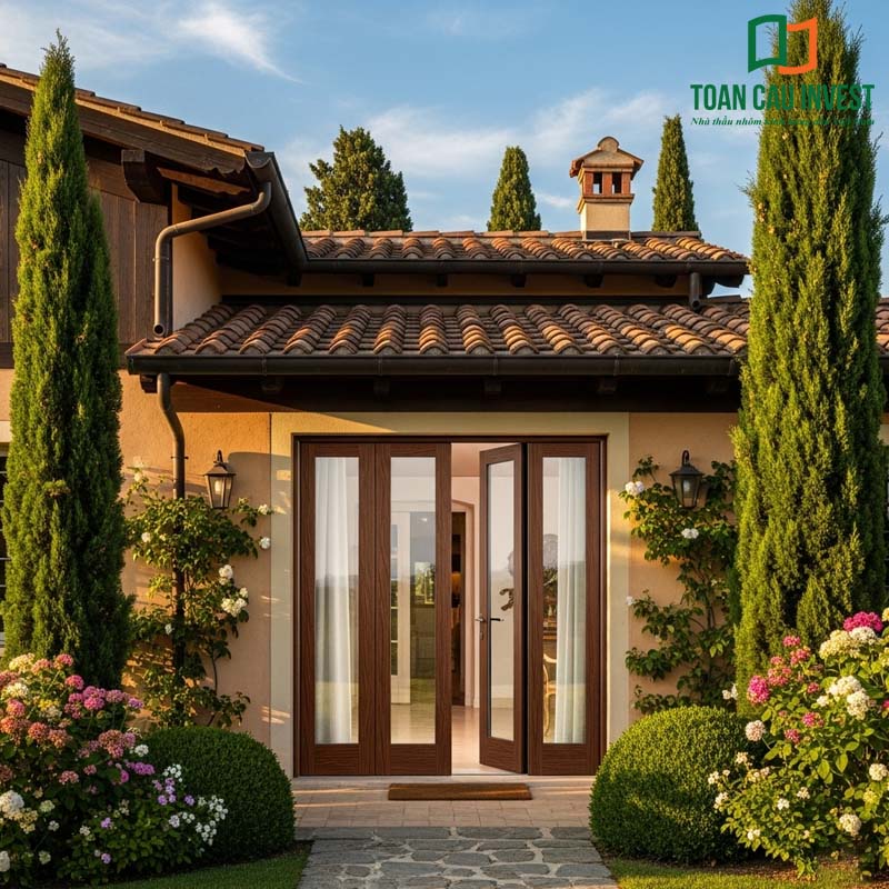 4-panel wood-grain aluminum glass doors – a refined blend of modern technology and classic Mediterranean elegance.