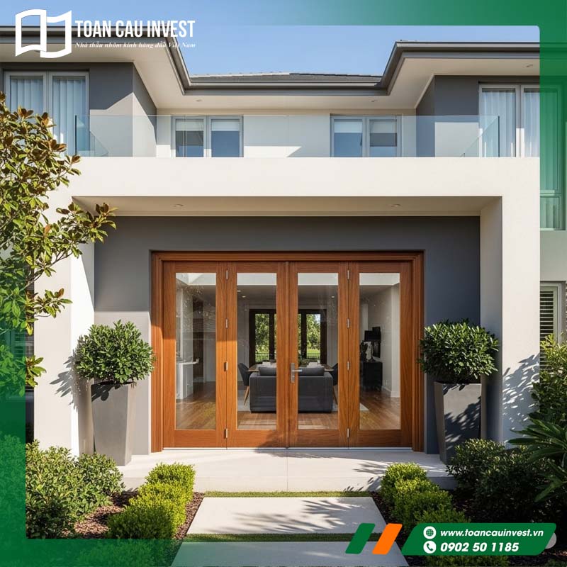 Mẫu cửa nhôm kính 4 cánh vân gỗ đẹp