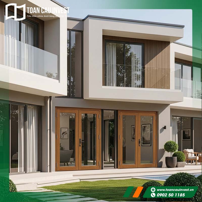 Mẫu cửa nhôm kính cho biệt thử 4 cánh vân gỗ