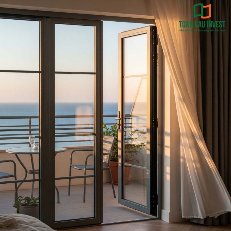 Two-panel swing aluminum glass balcony door – a classic choice for compact balconies, offering both ventilation and aesthetic balance.