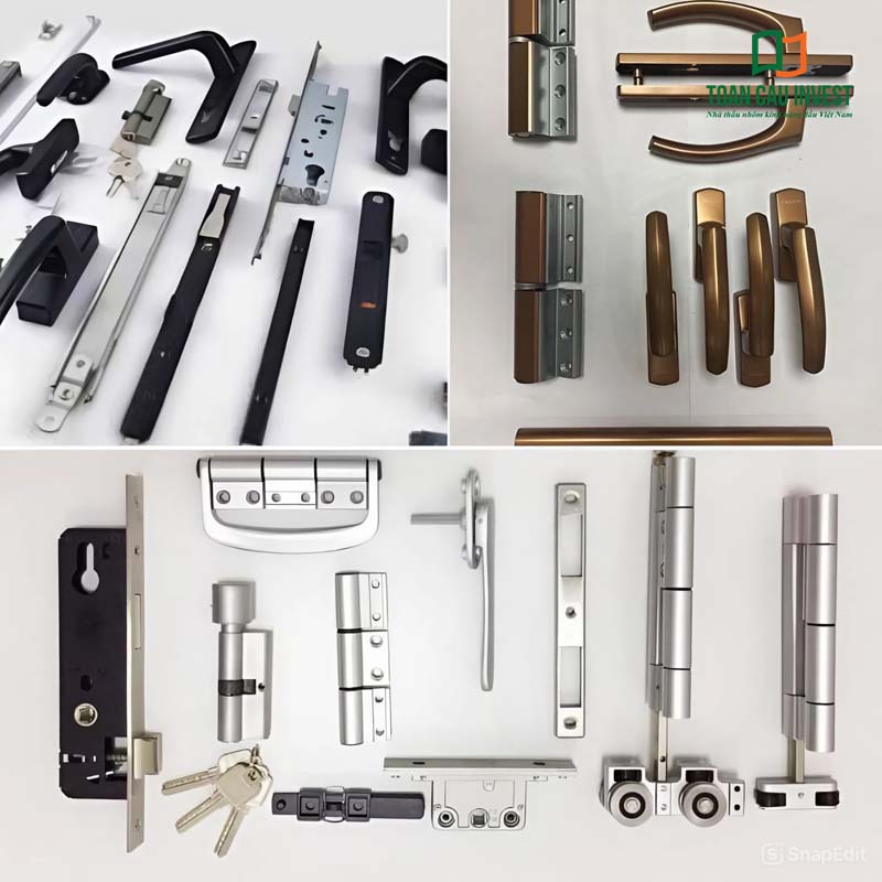 Bộ phụ kiện đồng bộ cho cửa nhôm kính hiện đại gồm bản lề, khóa, tay nắm và ray trượt, đảm bảo vận hành êm ái, an toàn và bền bỉ