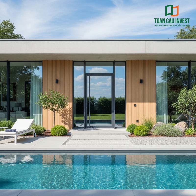 Cửa nhôm kính 1 chiều khung mảnh, màu ghi nhạt phối viền inox tạo điểm nhấn tinh tế. Thiết kế đồng bộ với phong cách biệt thự hiện đại, giúp tận dụng ánh sáng tự nhiên mà vẫn đảm bảo riêng tư