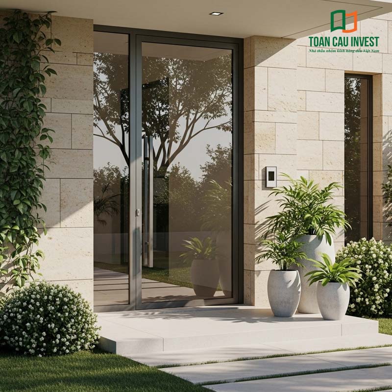 Mẫu cửa nhôm kính 1 chiều lắp đặt hướng ra hồ bơi, mang đến cảm giác kết nối giữa không gian nội thất và cảnh quan. Kiểu dáng đối xứng, tay nắm hiện đại, bề mặt kính phản chiếu tạo hiệu ứng thẩm mỹ cao cấp