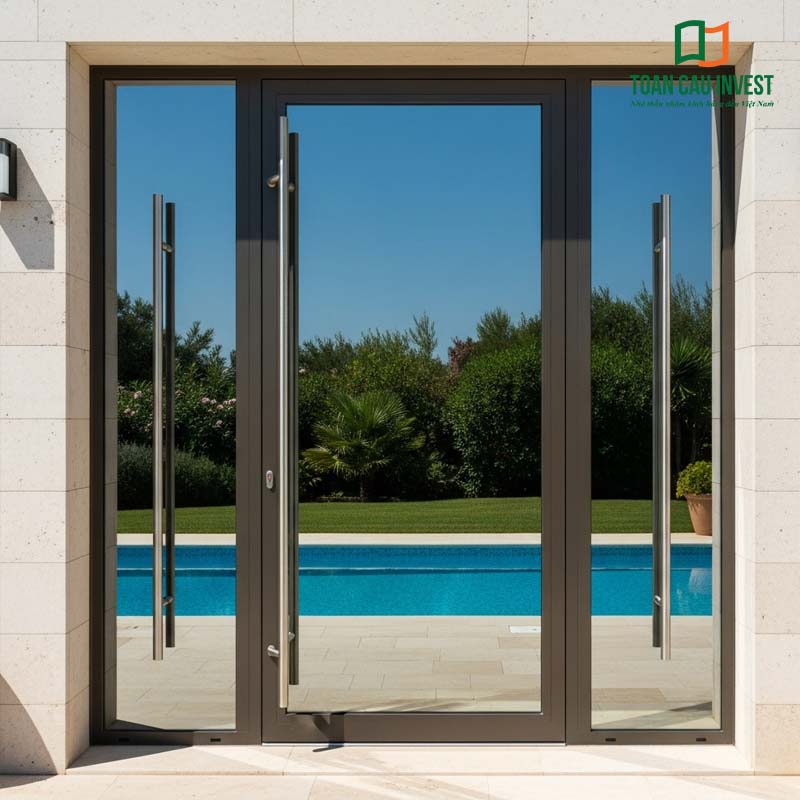 Cửa nhôm kính 1 chiều với khung nhôm tối màu và tay nắm inox dài tạo điểm nhấn sang trọng. Thiết kế phù hợp với kiến trúc biệt thự mặt tiền ốp đá cao cấp, tăng tính an ninh và tính riêng tư cho không gian bên trong