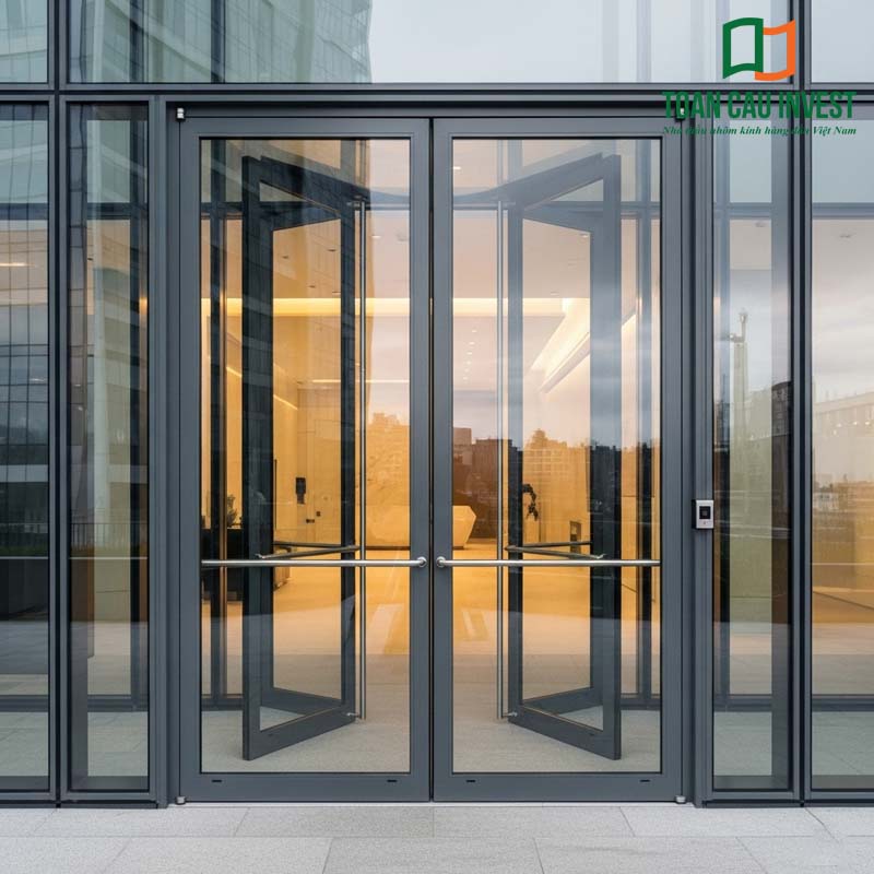 Cửa nhôm kính 2 chiều đôi, thiết kế hiện đại, trang bị tay nắm dài inox và thanh thoát hiểm ngang. Thích hợp cho các công trình thương mại, tòa nhà văn phòng, đảm bảo an toàn khi sử dụng đồng thời mang lại sự tiện nghi và sang trọng