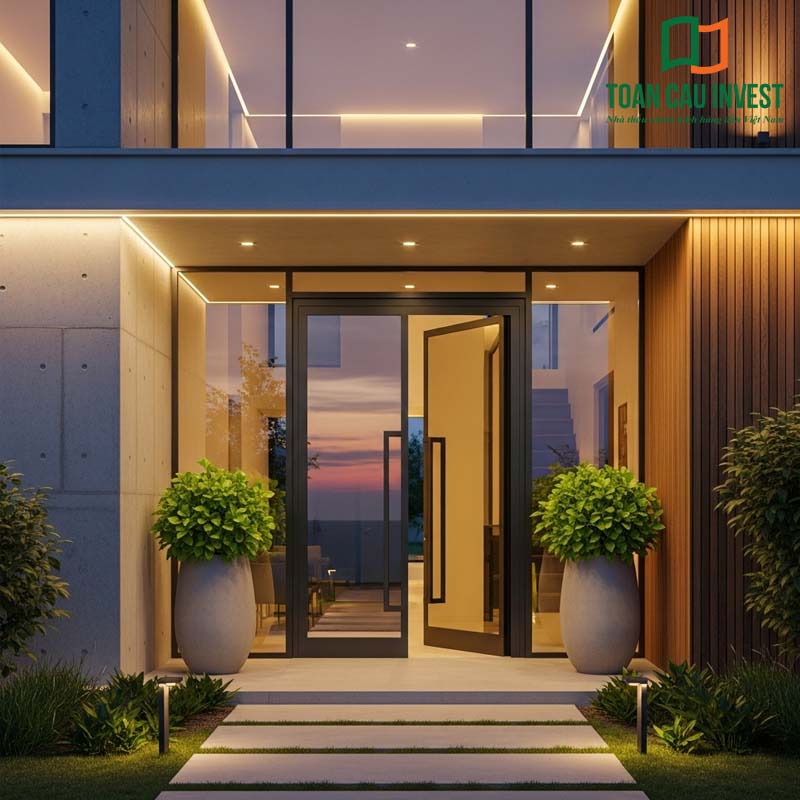 Cửa nhôm kính 2 chiều lắp đặt tại lối vào biệt thự hiện đại, thiết kế sang trọng với khung nhôm chắc chắn và kính trong suốt. Cửa mở linh hoạt hai chiều, mang lại sự tiện dụng và tạo điểm nhấn thẩm mỹ cho không gian sống cao cấp