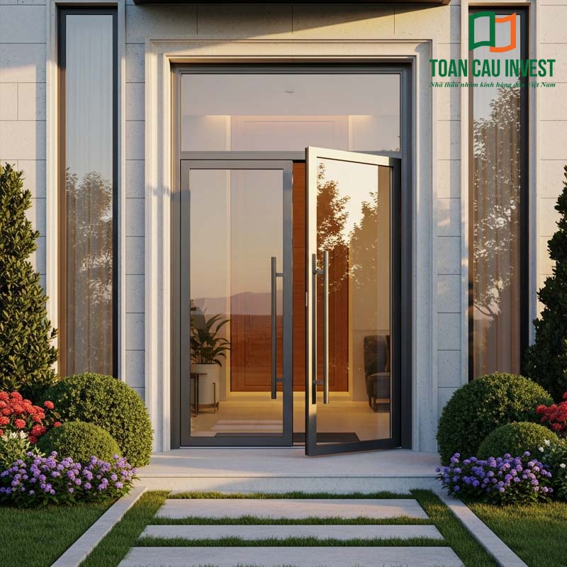 Cửa nhôm kính 2 chiều tại lối vào nhà phố/biệt thự, thiết kế tinh tế với khung nhôm chắc chắn, kính cường lực sáng trong. Sản phẩm mang lại sự thông thoáng, đón ánh sáng tự nhiên, đồng thời tăng tính thẩm mỹ cho kiến trúc hiện đại.