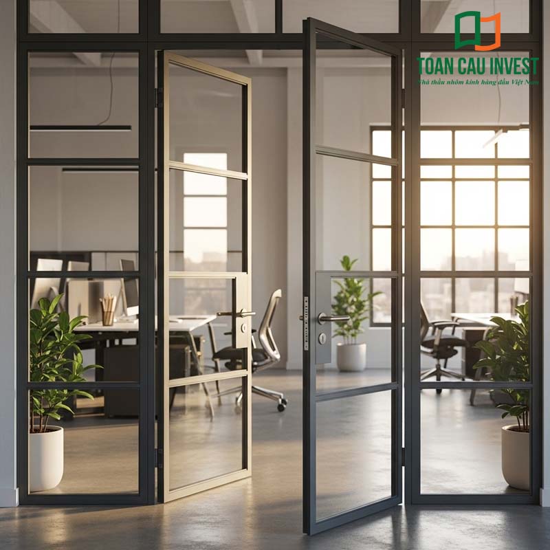 Cửa nhôm kính 2 chiều lắp đặt tại không gian văn phòng hiện đại, khung nhôm tối giản kết hợp kính trong suốt. Sản phẩm mang lại cảm giác thoáng rộng, kết nối không gian làm việc, đồng thời tạo sự tiện lợi trong di chuyển hàng ngày