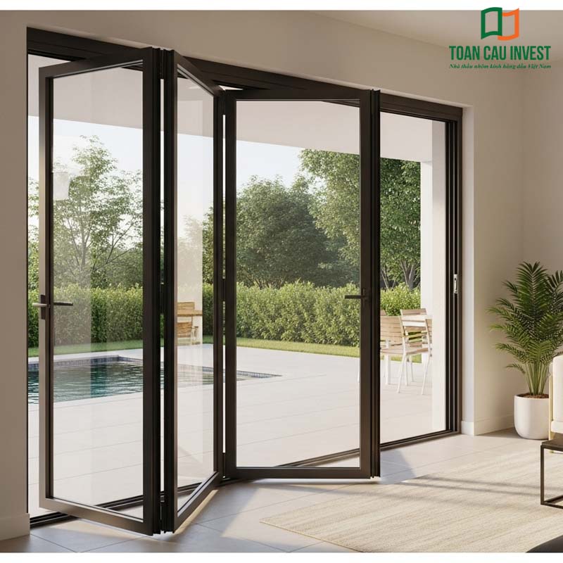 Luxury 4-Panel Folding Aluminum Glass Door - elegantly designed, easily foldable, seamlessly connecting indoor spaces with the garden.