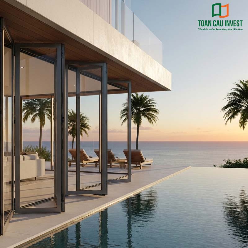 Premium 4-Panel Folding Aluminum Glass Door - strong and corrosion-resistant, offering breathtaking panoramic sea views for luxury resort villas.