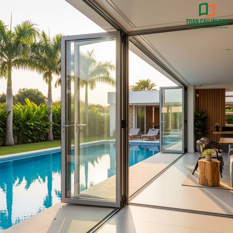4-Panel Folding Aluminum Glass Door with recessed floor track - smooth operation, perfectly connecting the living room with the outdoor swimming pool.